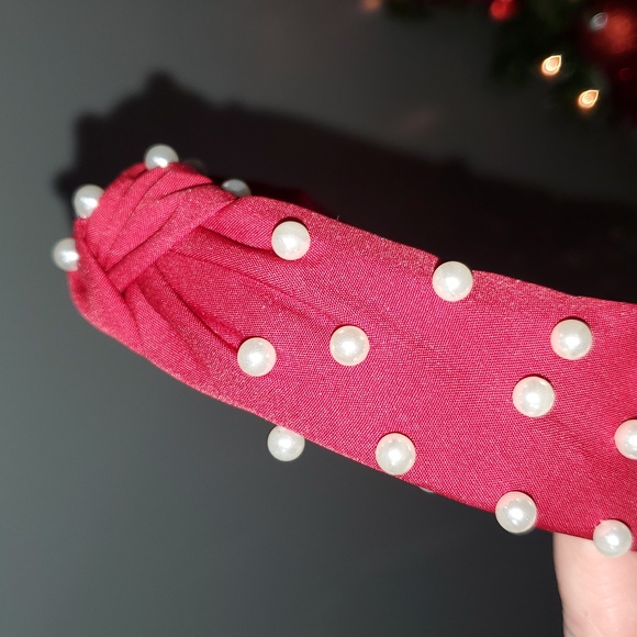 New handmade boutique pearl top knot flexible wide headband red main image 5